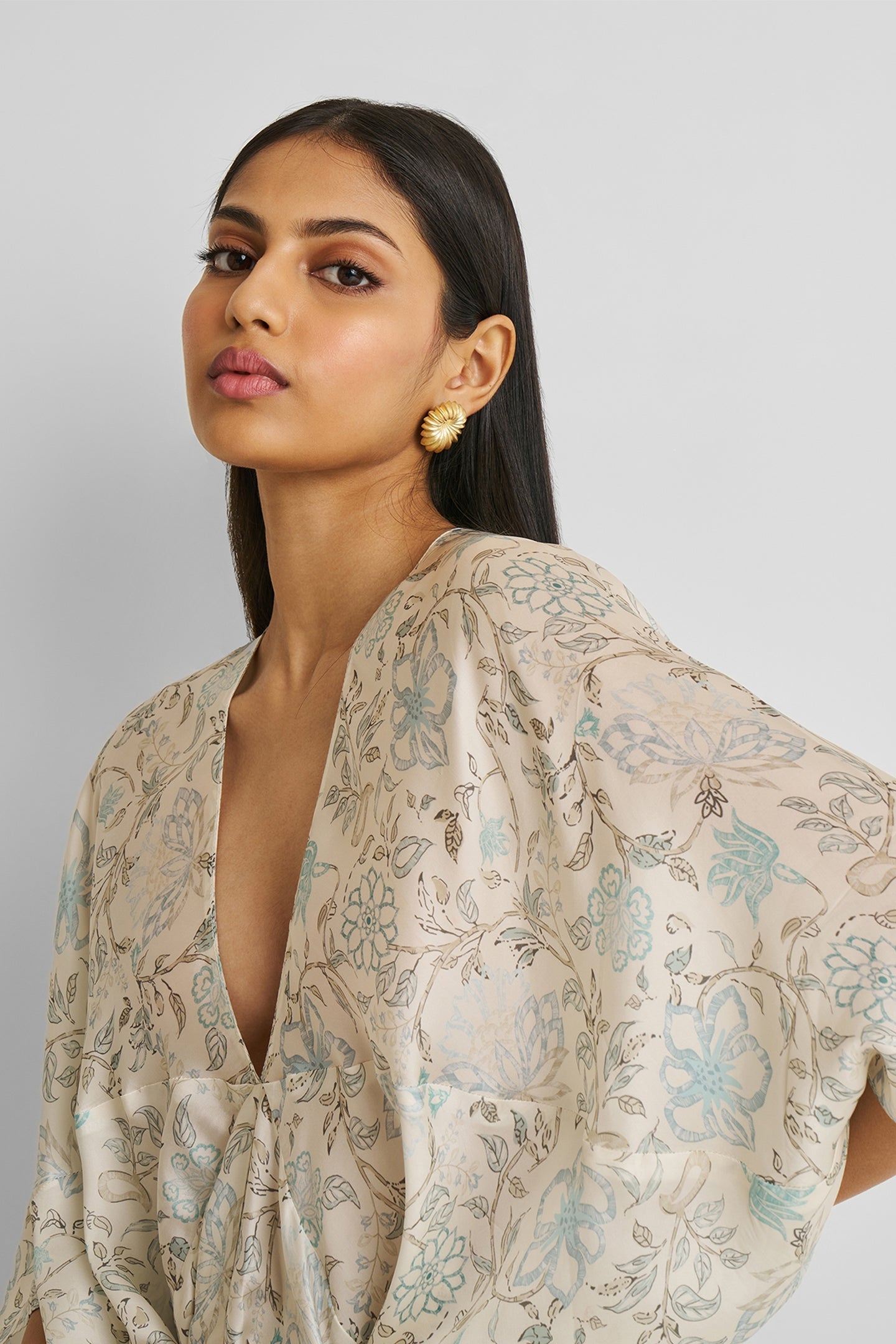 Silky Kaftan Dress in Blue Florals-2