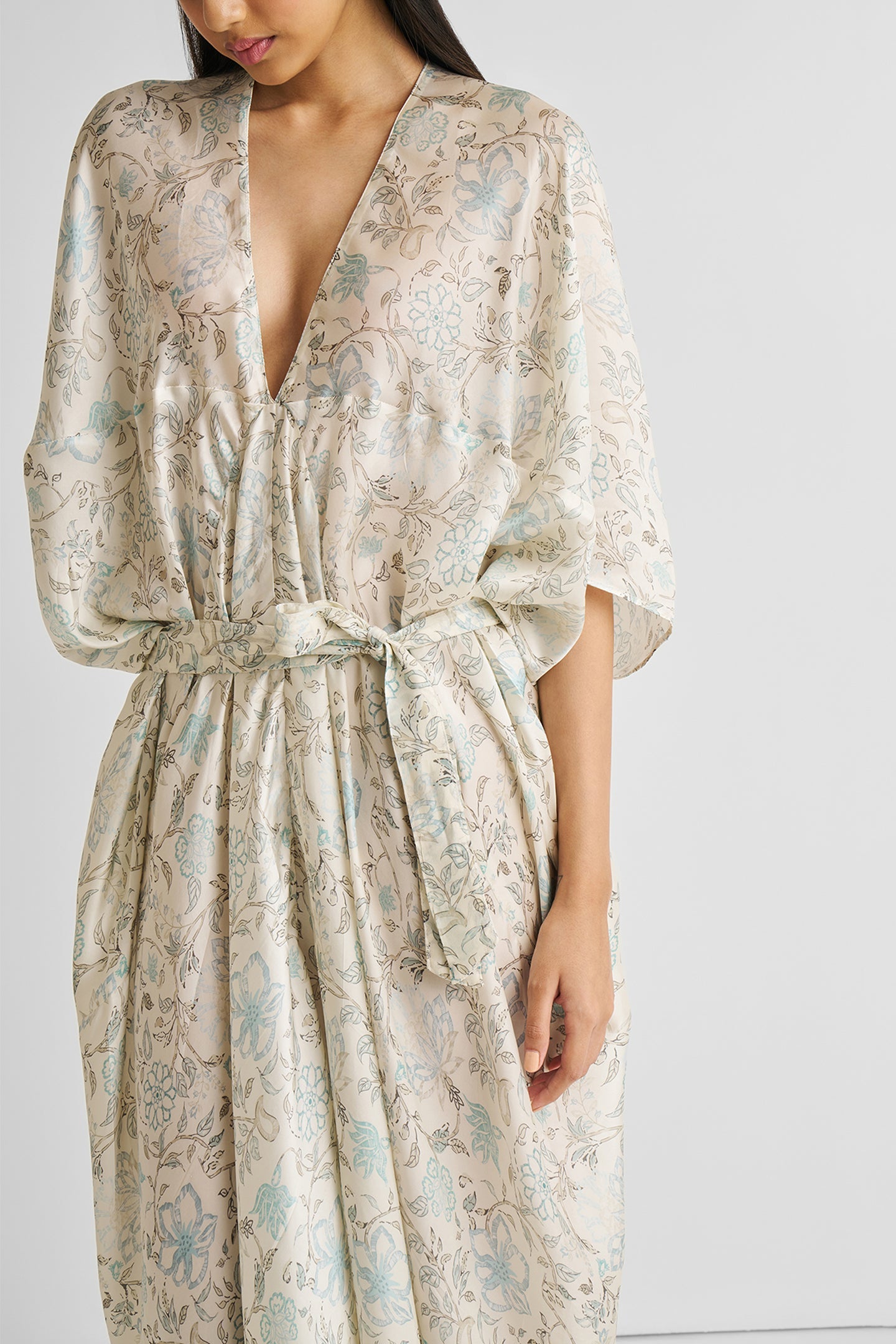 Silky Kaftan Dress in Blue Florals-4