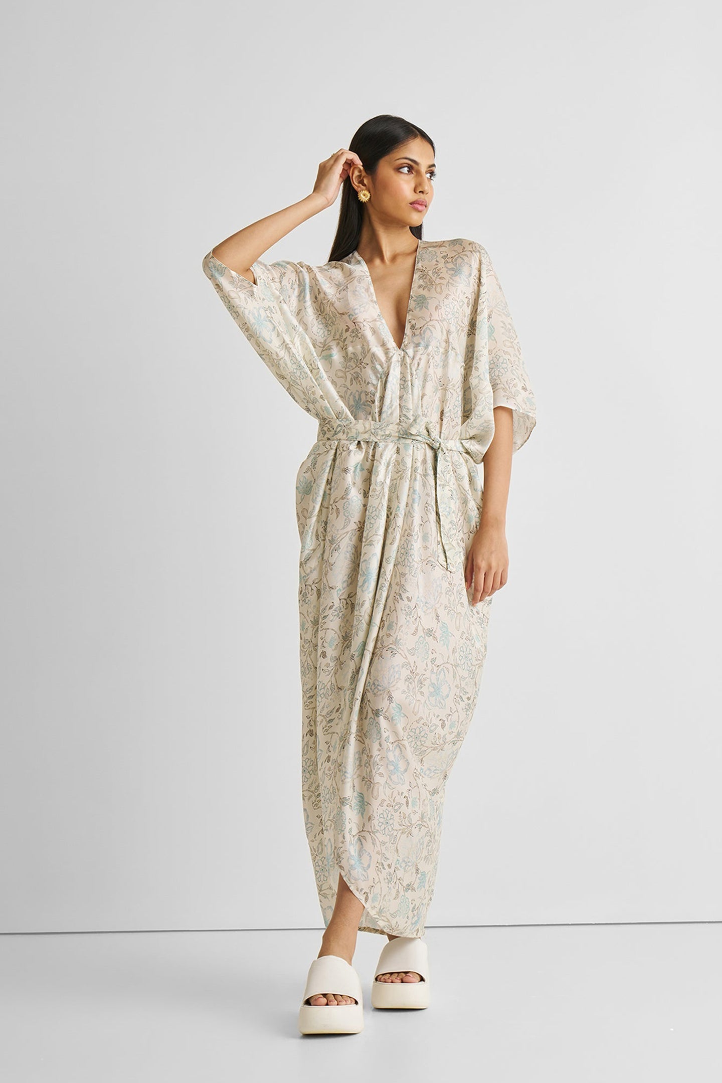 Silky Kaftan Dress in Blue Florals-0