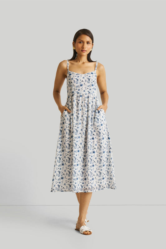 Strappy Gathered Blue Floral Midi Dress-0