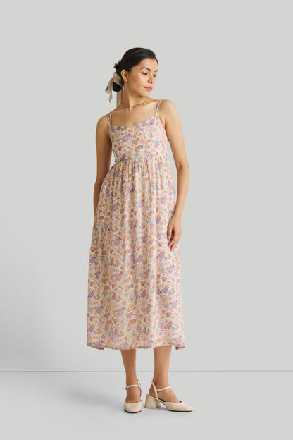 Strappy Gathered Floral Midi Dress-0