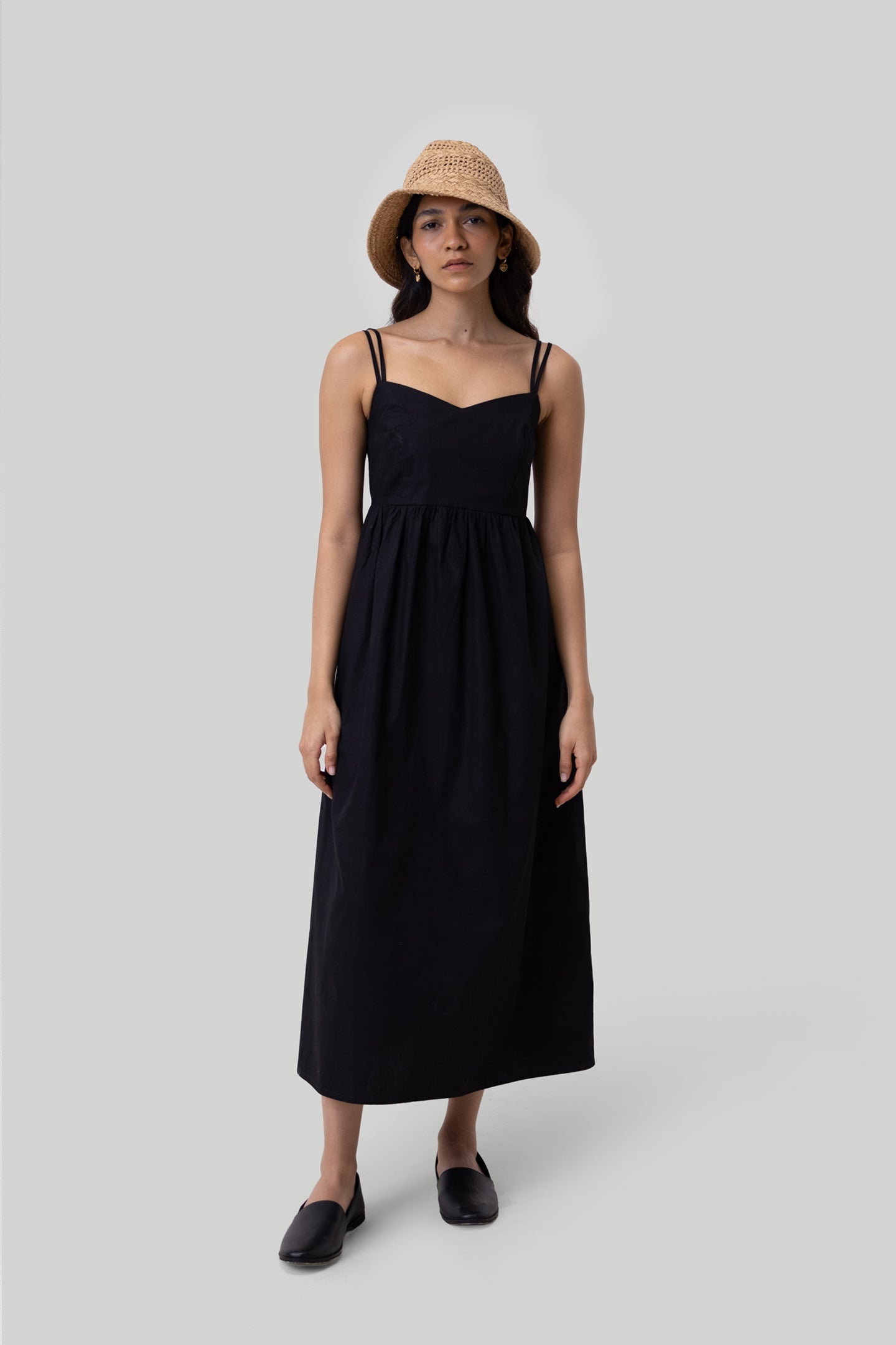 Strappy Gathered Midi Dress in Black-0