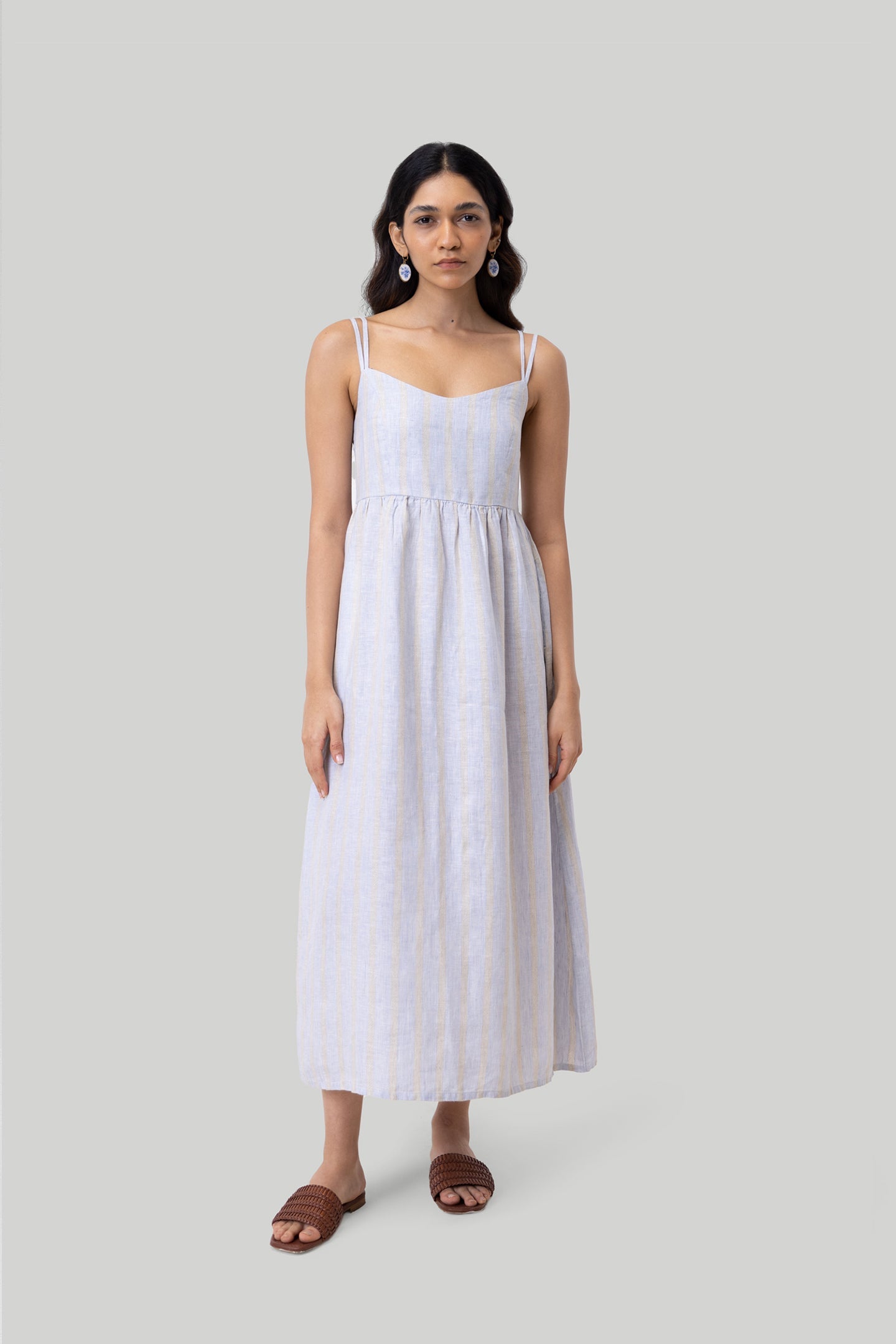 Strappy Gathered Midi Dress in Linen Stripes-0