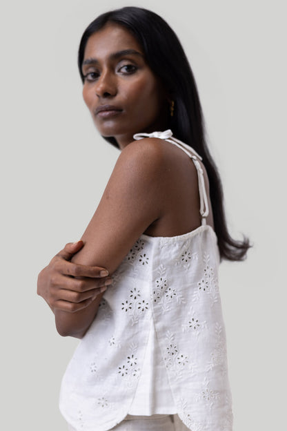 Tie-up Camisole in White Embroidery-2