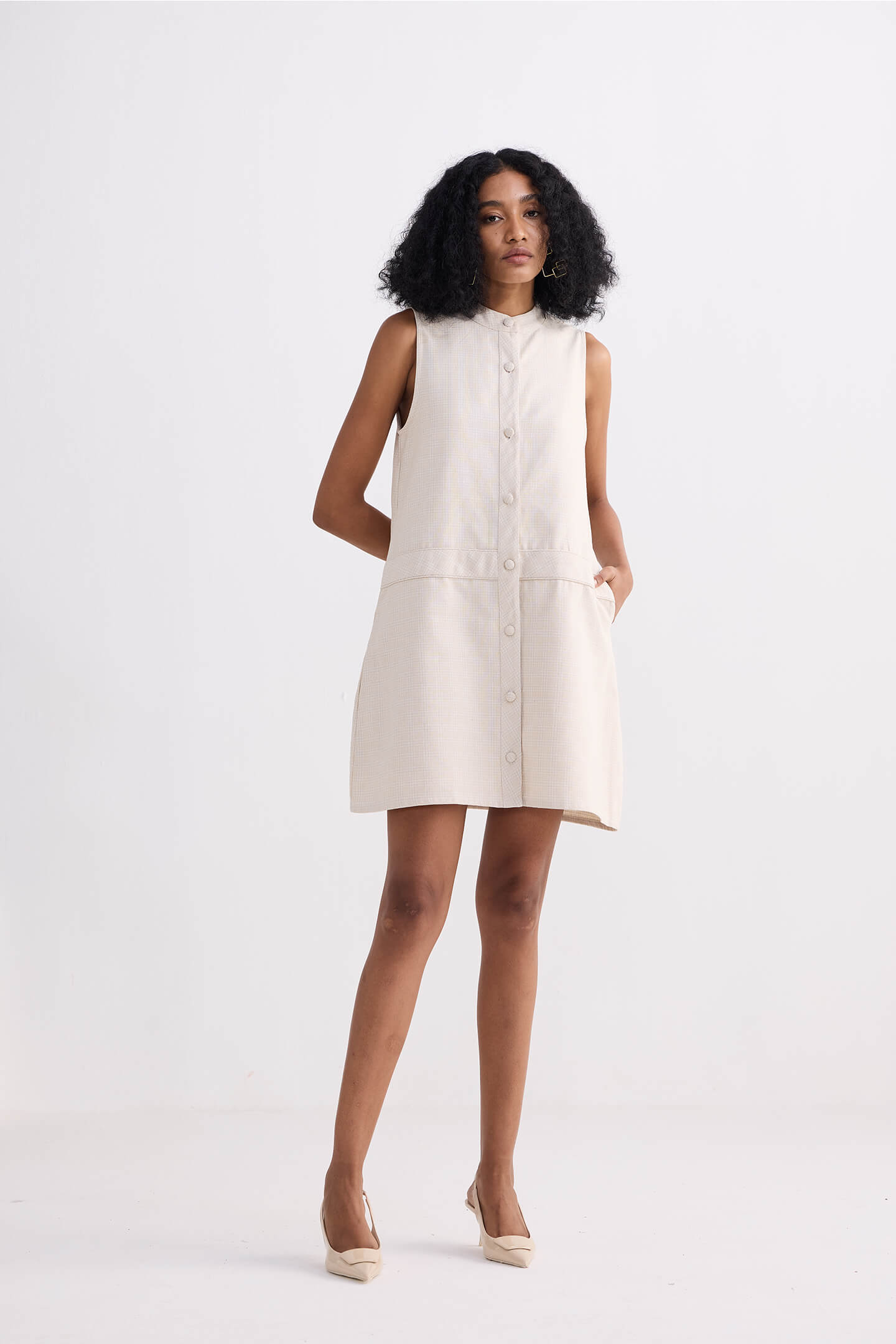 The Cotton Tweed Shift Dress in Cream-2