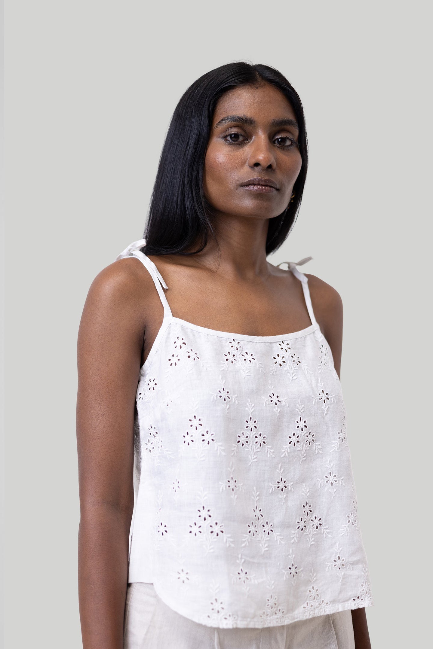 Tie-up Camisole in White Embroidery-0