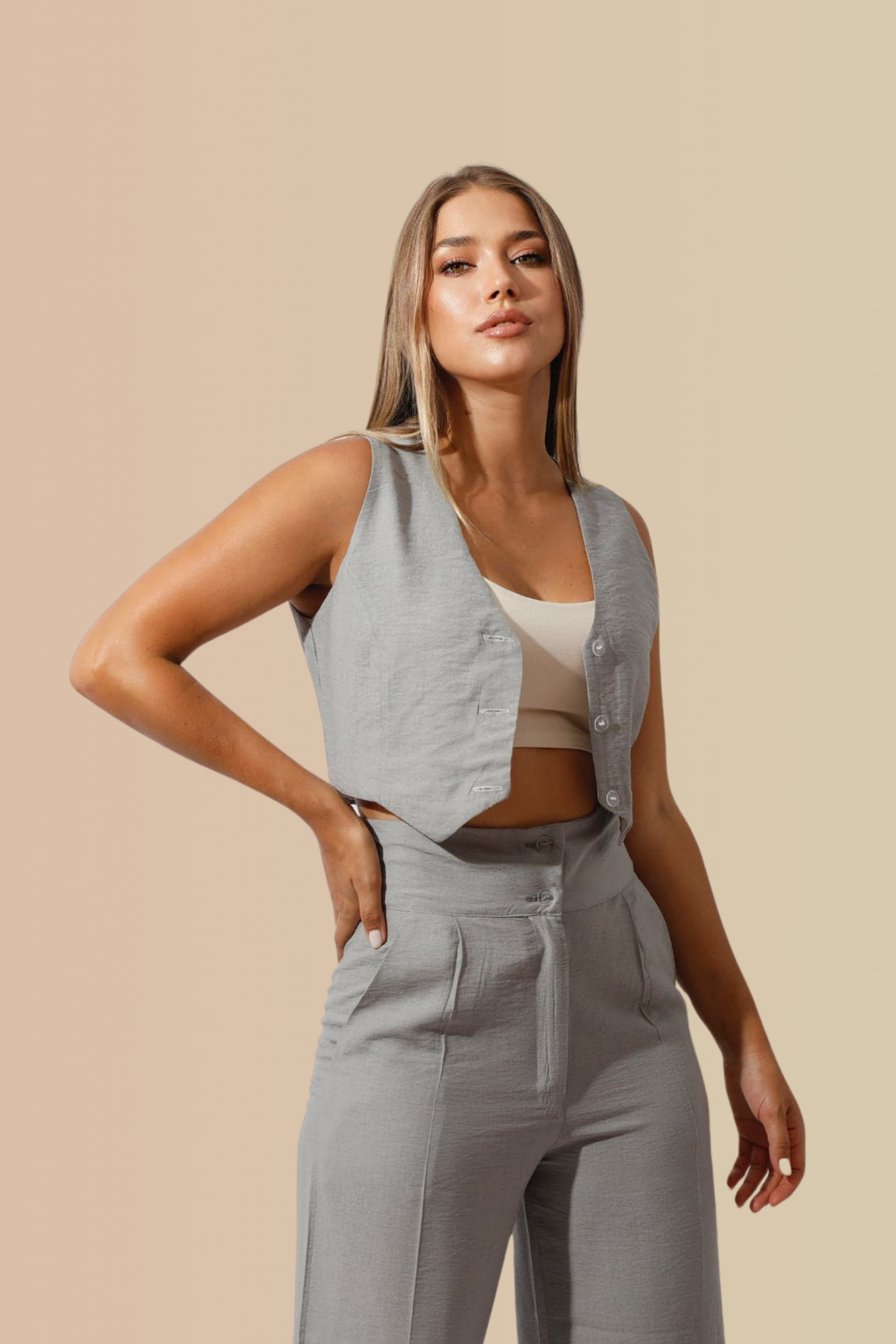 Linen-blend Double-Faced Vest & High Waist Trouser Pant - Gray/White-0