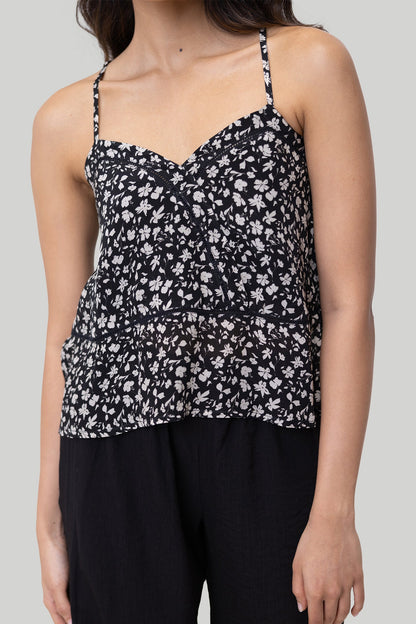 V-neck Lace Camisole in Black Florals-4