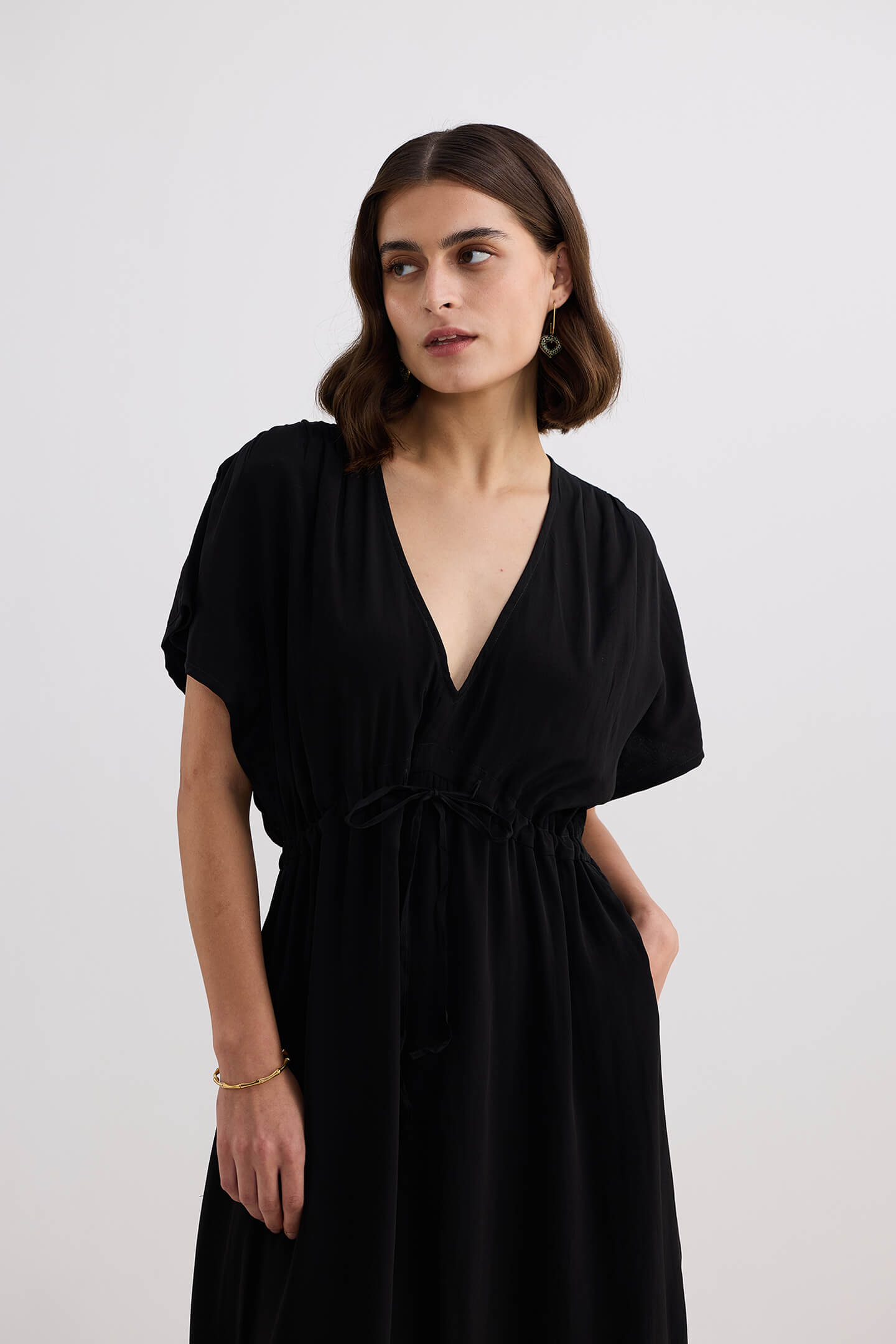 V-neck Gathered Maxi Dress in Black-3