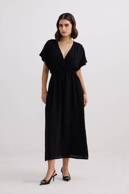 V-neck Gathered Maxi Dress in Black-4