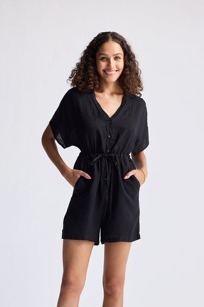 V neck Drawstring Romper in Black-0