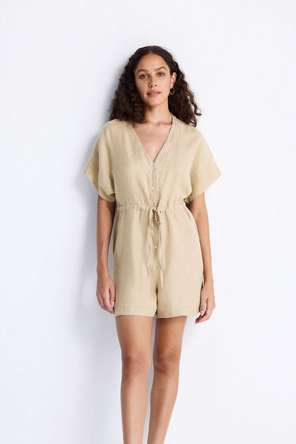 V neck Drawstring Romper in Neutral Beige-0