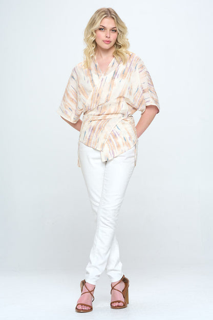 Solid Tie Front Kimono Top with Side Slits-4