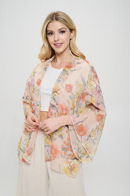 Floral Print Sheer Open Front Kimono-1