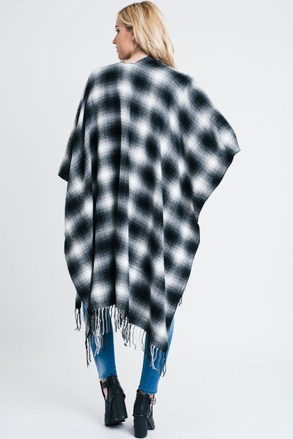 Plaid Open Front Poncho with Fringe Detail-3