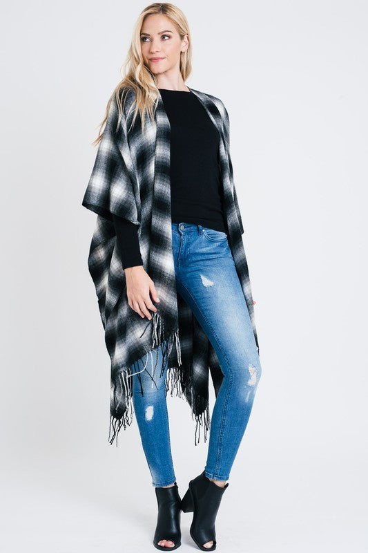 Plaid Open Front Poncho with Fringe Detail-2