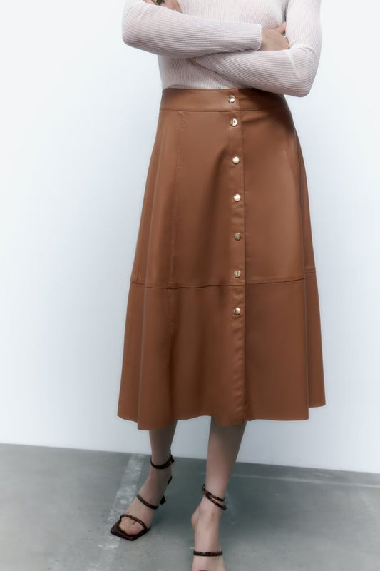 High Waist Button Faux Leather Skirt