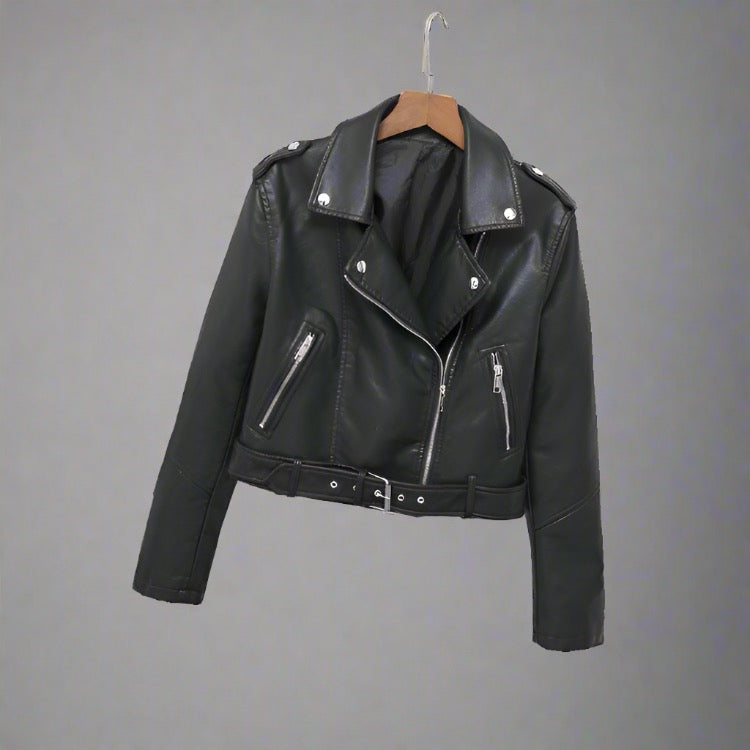 Chic Faux Leather Moto Jacket with asymmetrical zipper closure, belted waist, and zippered pockets in a variety of vibrant colors.