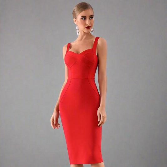 Elegant Contour Midi Dress in red, perfect for evening travel events.