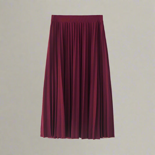 Elegant Pleated Midi Skirt in various colors, featuring delicate pleats and an elastic waistband for a comfortable and secure fit, suitable for casual outings, office wear, and formal events.