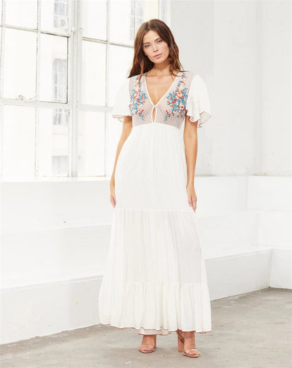 Embroidered Deep V Plunge Beach Cover Up