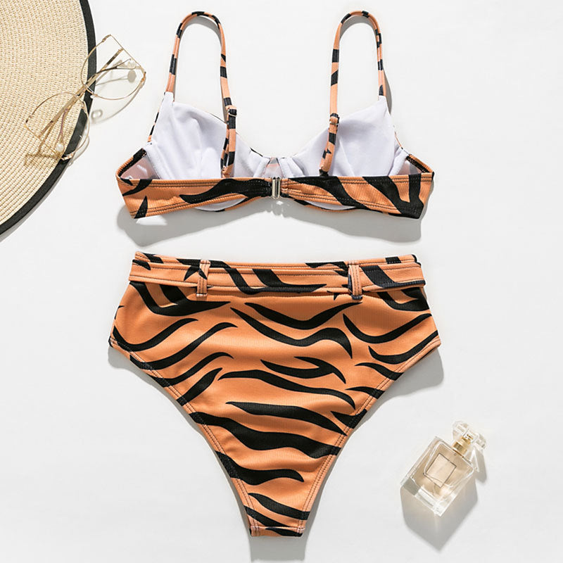 Tiger High Waisted Belted Two Piece Swimsuit
