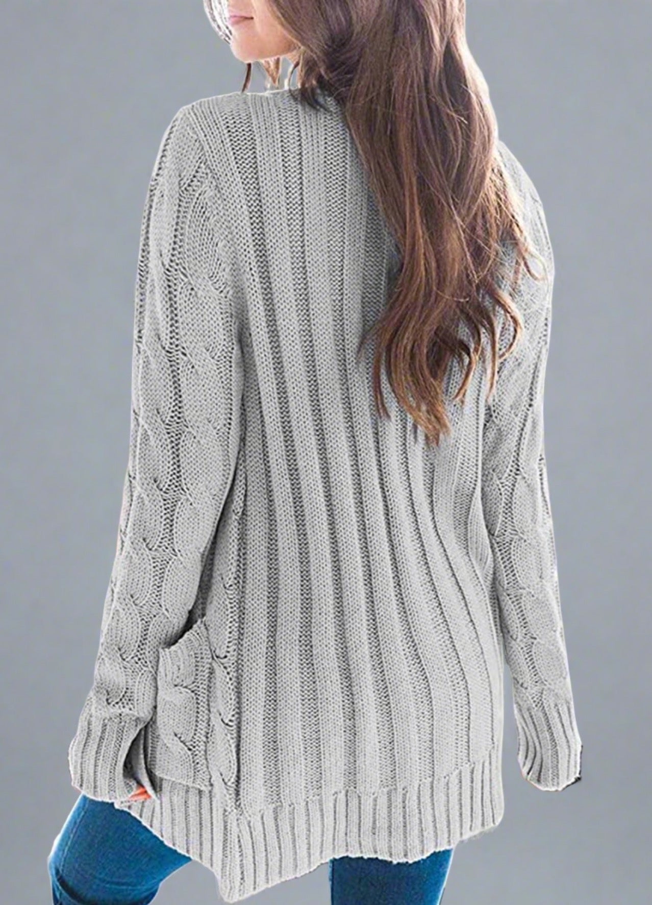 Cozy Cable Knit Cardigan - gray, classic cable knit design, long sleeves, button-down front, front pockets, soft high-quality fabric, perfect for casual outings and layering.