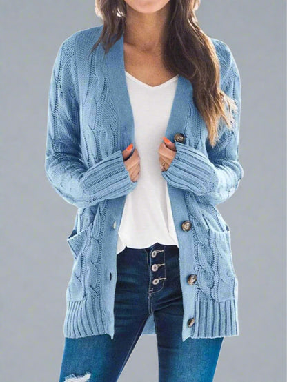 Cozy Cable Knit Cardigan - gray, classic cable knit design, long sleeves, button-down front, front pockets, soft high-quality fabric, perfect for casual outings and layering.