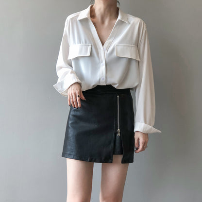 Long Sleeve Button Up Blouse with Front Pockets