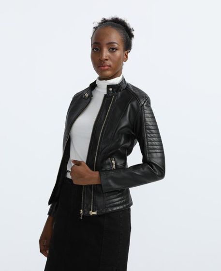 Faux Leather Stand Collar Jacket