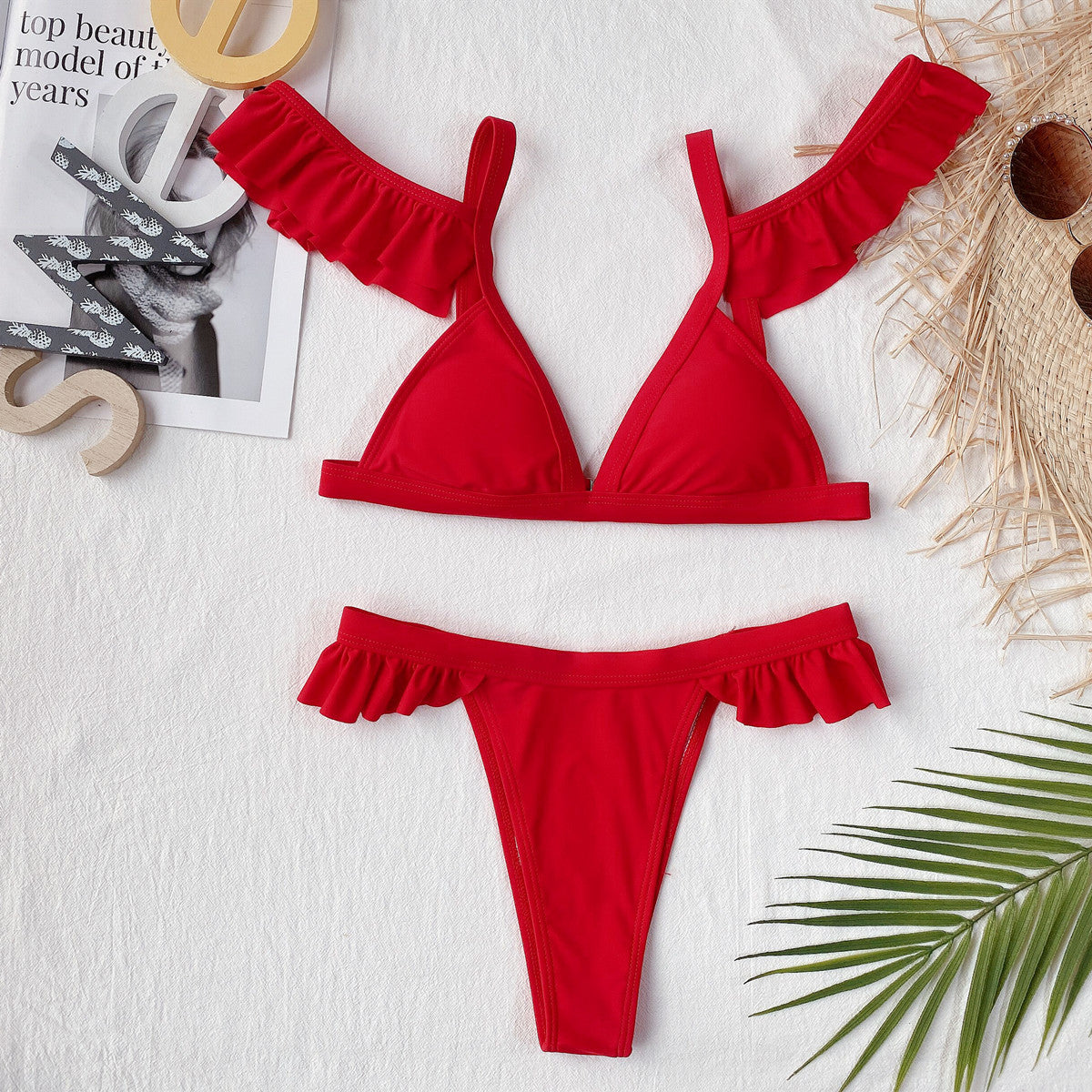 Cold Shoulder Ruffled Two Piece Swimsuit