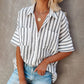 Striped Collared Short-Sleeved Blouse