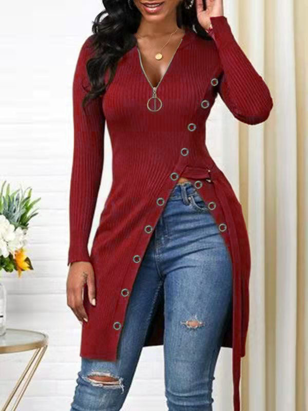 V-neck Long Sleeve High Slit Sweater