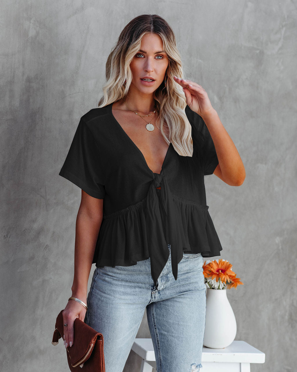 Knotted Deep V Short Sleeve Top
