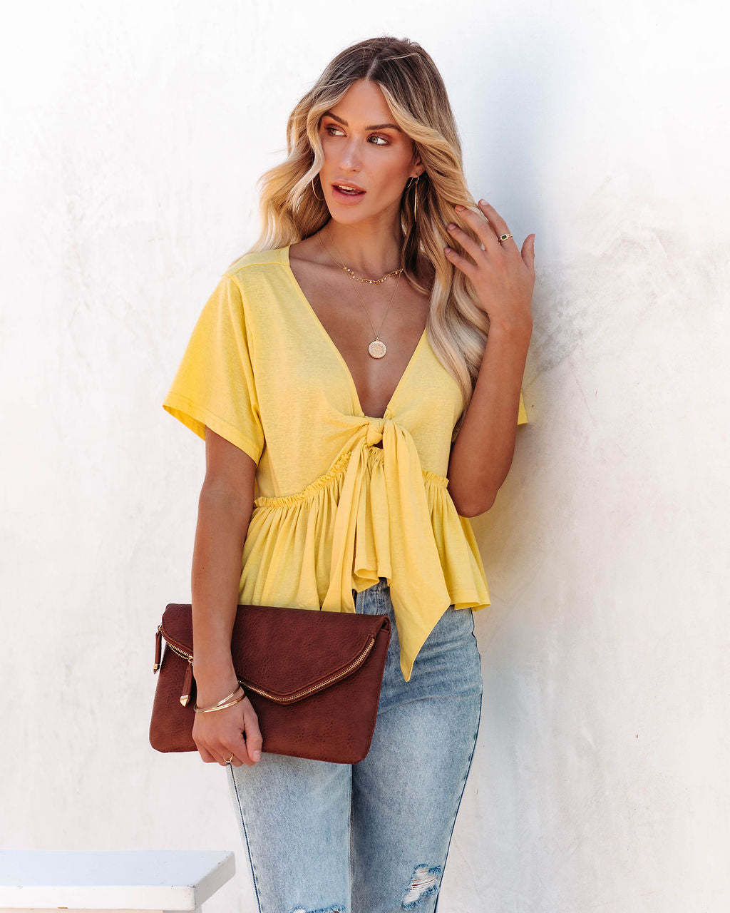 Knotted Deep V Short Sleeve Top
