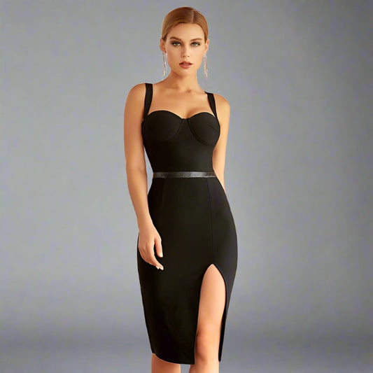Elegant Evening Slit Midi Dress in black, perfect for travelers and formal events.