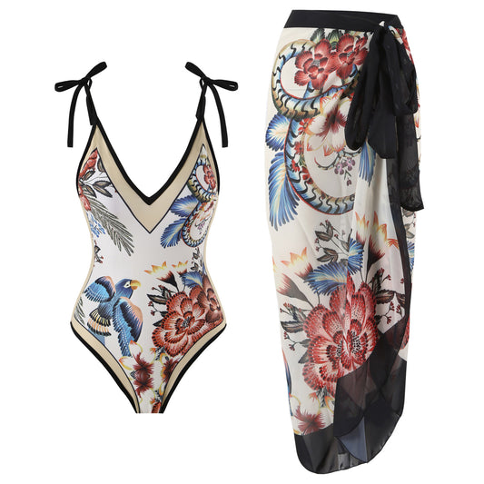 Deep V One Piece Swimsuit and Skirt Cover Up
