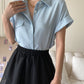 Rolled Short Sleeve Pocket Button Down Blouse