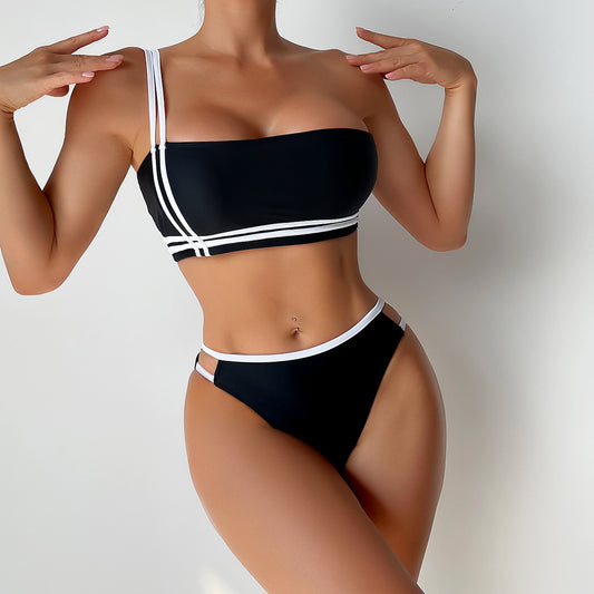 One Shoulder White Trim Bikini