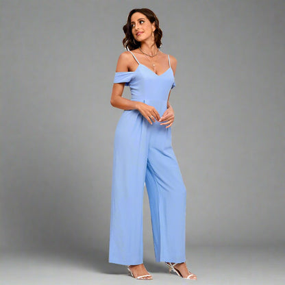 Elegant Off-Shoulder Jumpsuit with bow detail at the back, wide-leg silhouette, and adjustable spaghetti straps, available in various colors.