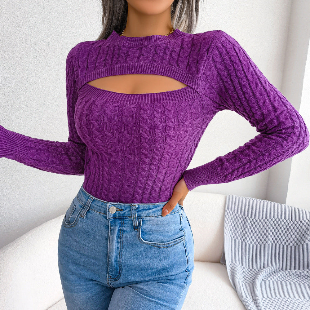 Hollowed Out Long Sleeve Knit Sweater