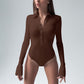 Long Sleeve Button Collared Bodysuit in Brown