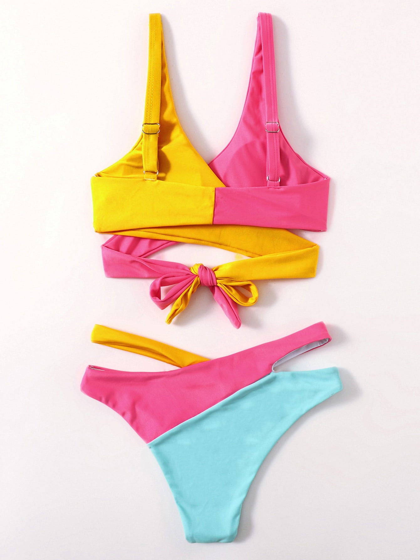 Two-Tone Wrap Bikini in Pink and Yellow