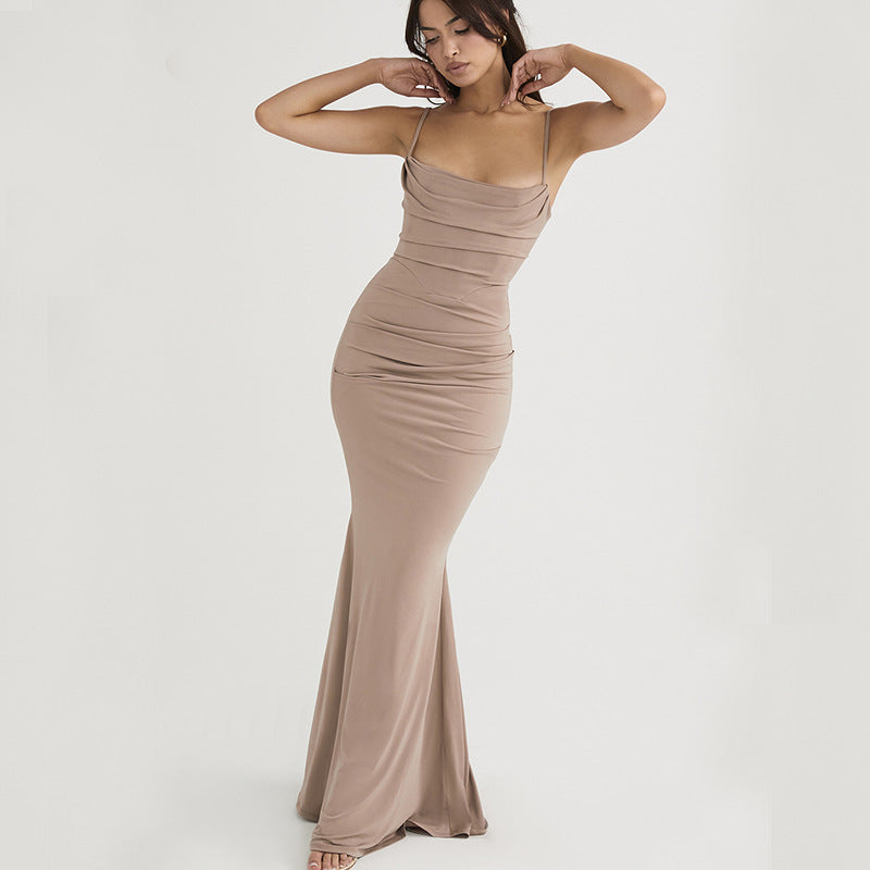 Ruched Fishtail Spaghetti Strap Gown