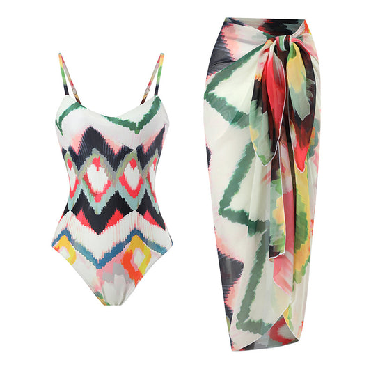 Abstract One Piece Swimsuit and Skirt Cover Up