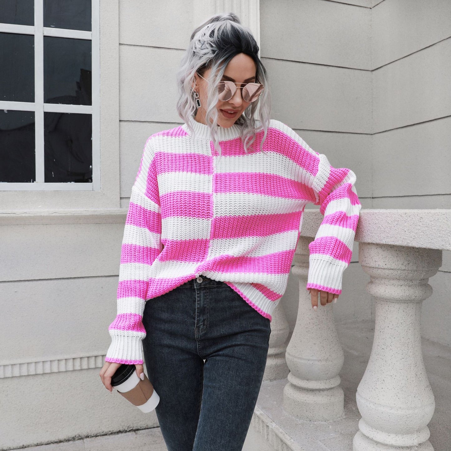 Checked Long Sleeve Knit Sweater