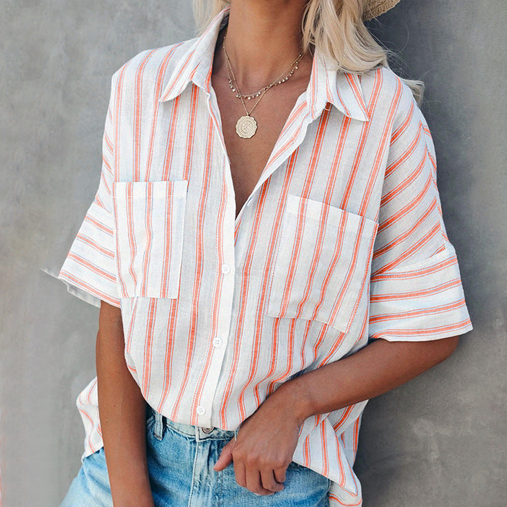 Striped Collared Short-Sleeved Blouse