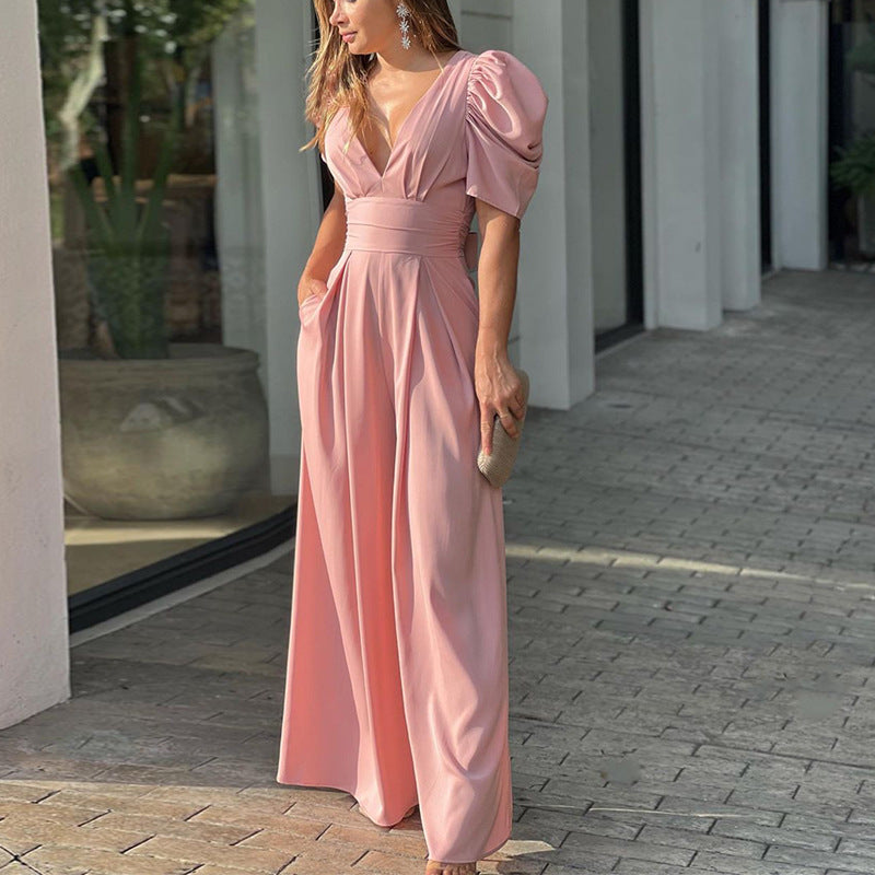 Puff Sleeve Open Back Jumpsuit in Pink
