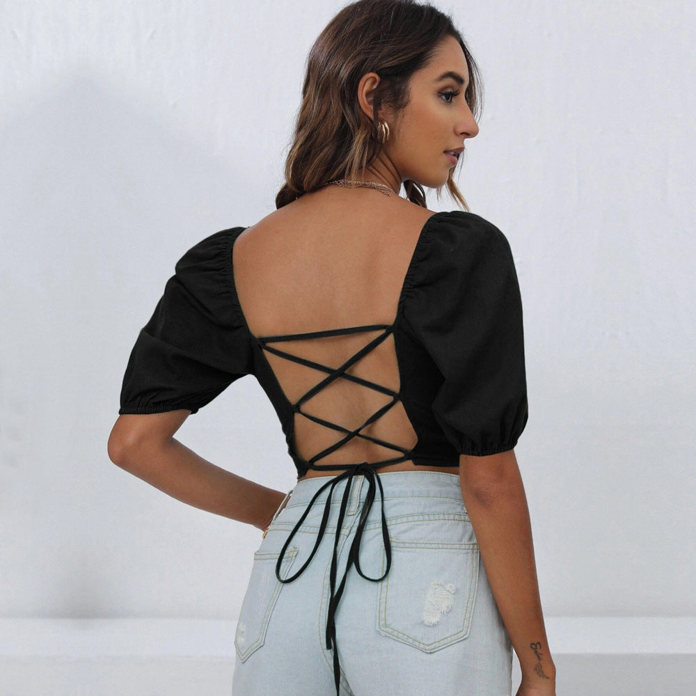 Lace up Back Puff Sleeve Top