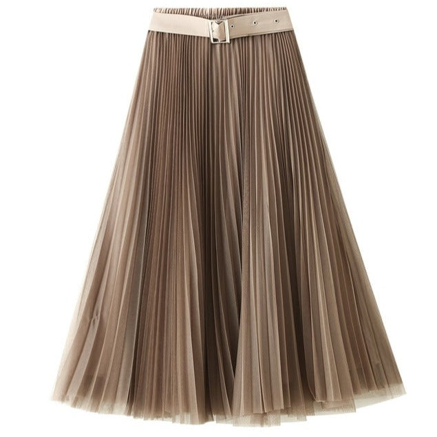 Khaki Pleated A- Line Midi Skirt